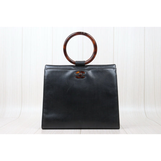 Good ( Rank AB)| CHANEL Vintage Lamb Skin CC Tortoise Hammer Top Handbag Tote Black Made in 1997-1998 Year|V24122603