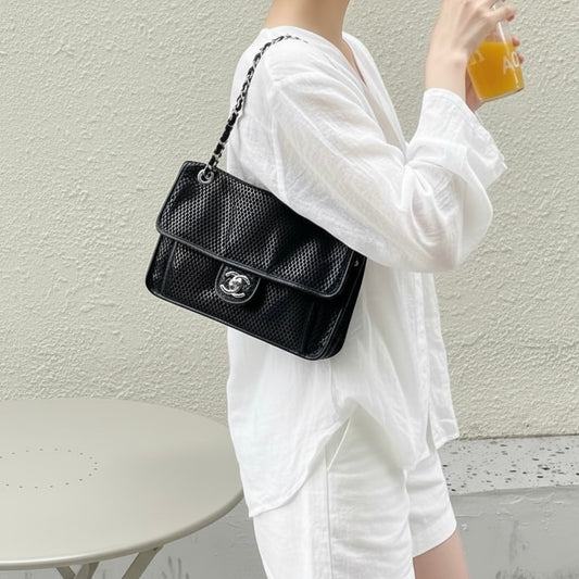 Include Entrupy Certificate of Authenticity|Very Good ( Rank A)| CHANEL Caviar Skin Calf Leather Single Flap Perforated Shoulder Bag Limited Edition Made in 2012-2013Year|S26042510