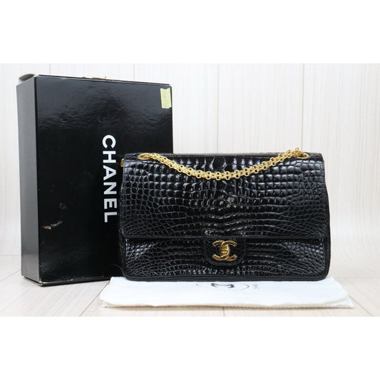 Very Good ( Rank A)| CHANEL Crocodile Skin Double Flap 26 Shoulder Bag Black |24121924