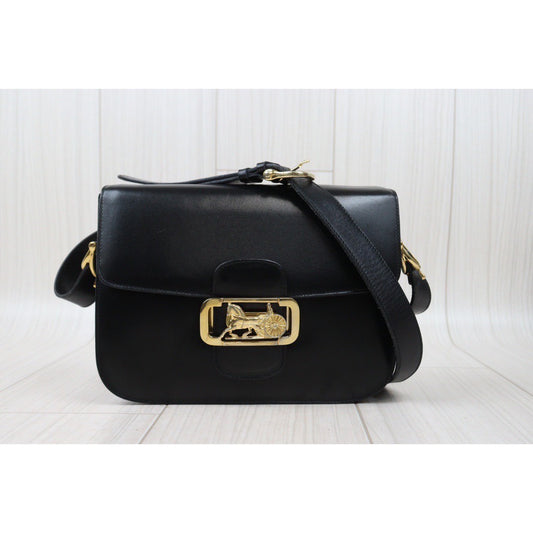 Rank AB| CELINE Vintage Box Calf Leather Shoulder Bag Black|24042912