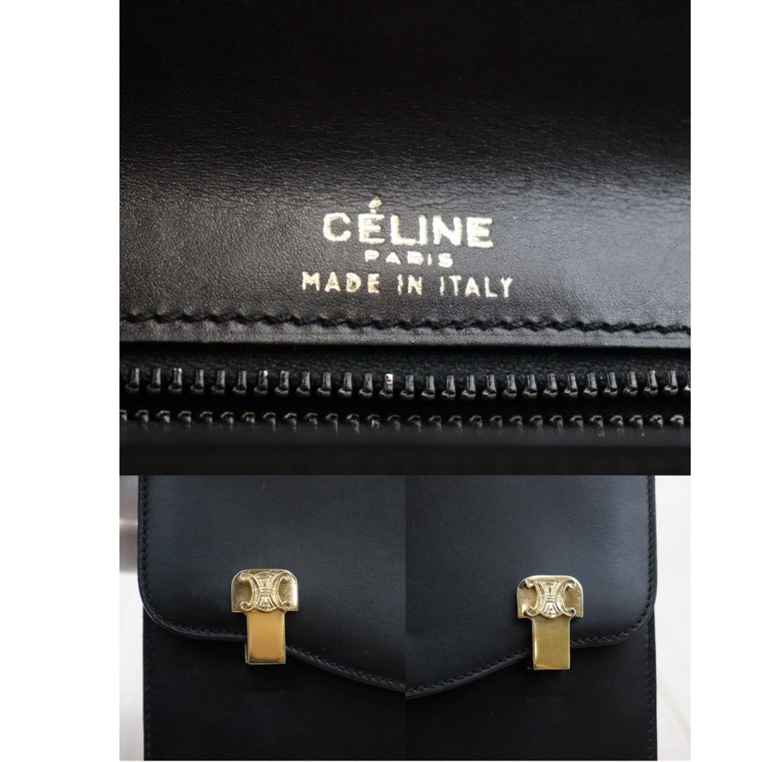 Rank AB| CELINE Vintage Box Calf Leather Shoulder Bag Black|24032623