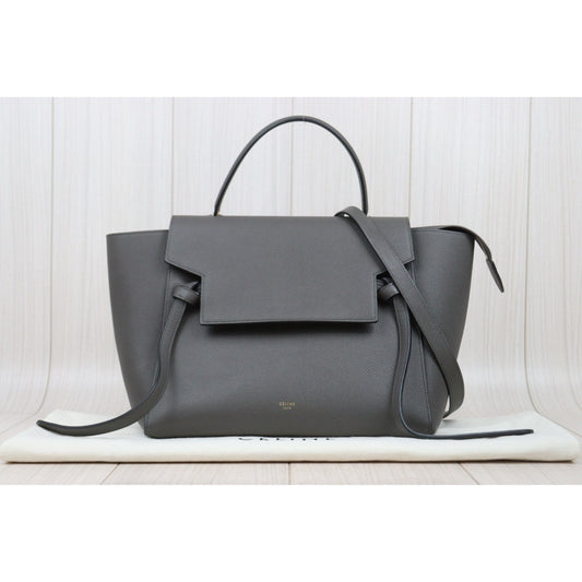 Very Good ( Rank A)|CELINE Leather Calf Belt Mini Handbag Shoulder Bag Grey|25021806