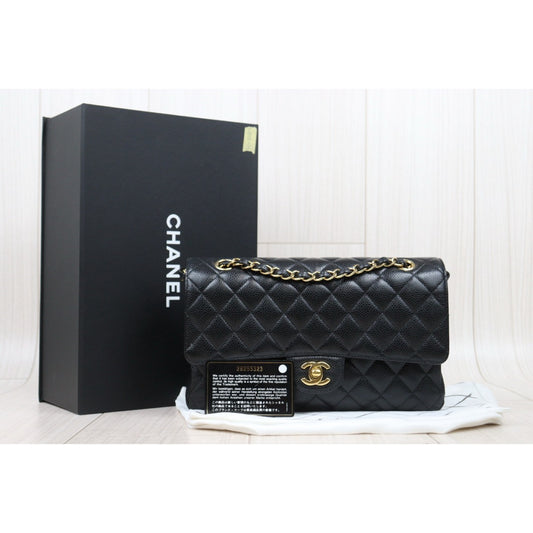 Very Good ( Rank A)| Full Set CHANEL Caviar Skin Matrasse Double Flap 25 Shoulder Bag Black Made In 2020 Year|S25030103