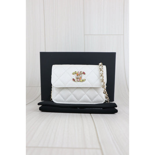 Very Good ( Rank A)| CHANEL Matelasse Chain Calf Leather Colour Rhinestone Mini WOC White IC Chips Model |W25062903