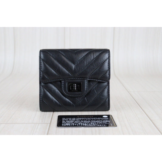 Rank A |Chanel 2.55 Leather Trifold Wallet Black|V23080103