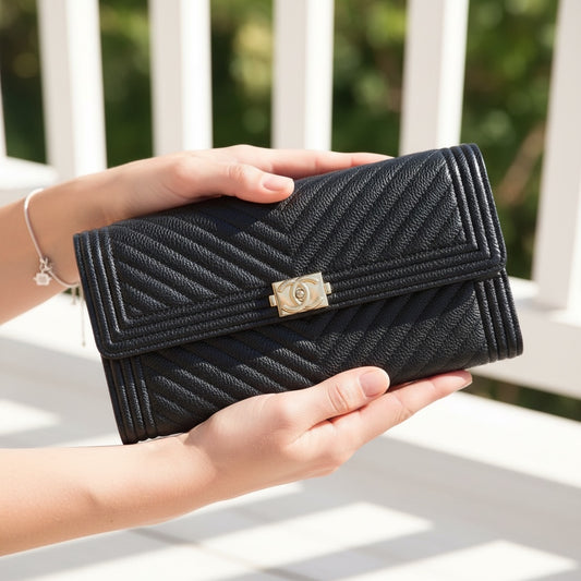 Include Entrupy Certificate of Authenticity|Very Good ( Rank A)|Full Set CHANEL Leboy Caviar Skin Black Long Wallet Made In 2017-2018Year|X26031202