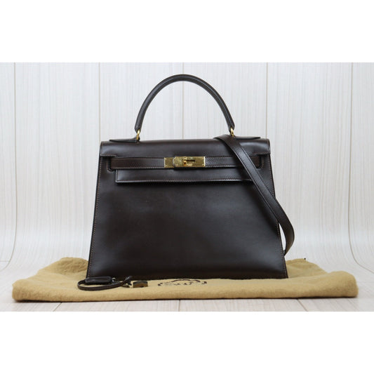 Good ( Rank AB)| HERMES Kelly 28 Sellier Box Leather Brown Gold Hardware ○D Stamp Made in 1974 Year|V25021904