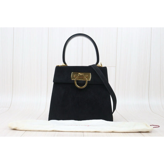 Very Good ( Rank A) |Ferragamo Gancini Suede 2WAY Handbag Shoulder Bag Black|24091703