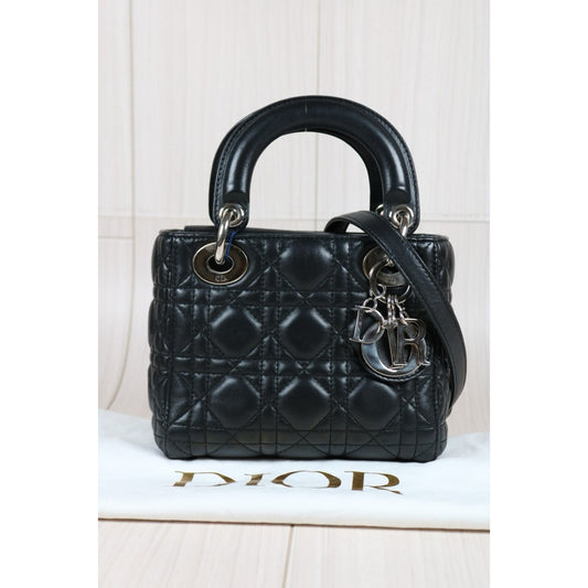 Rank A ｜  Dior Mini Lady Dior Lamb Skin 2WAY Shoulder Bag Handbag Black  ｜S24042902