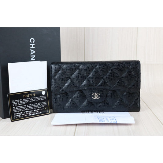 Include Entrupy Certificate of Authenticity|Very Good ( Rank A)|CHANEL Caviar Skin Black Long Wallet Made In 2016-2017Year|X26041306