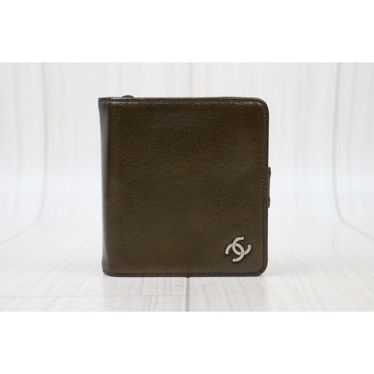 Rank AB|Chanel Calf Skin Wallet Khaki Made in 2006-2008 Year|V24071115