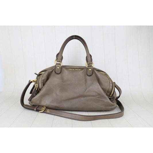 Fair ( Rank B)|MiuMiu Calf Skin Handbag Shoulder Bag Grey Brown |H25063010