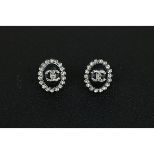 Excellent(Rank SA)| CHANEL Coco Mark Leather Rhinestone Earrings Silver|F25022003