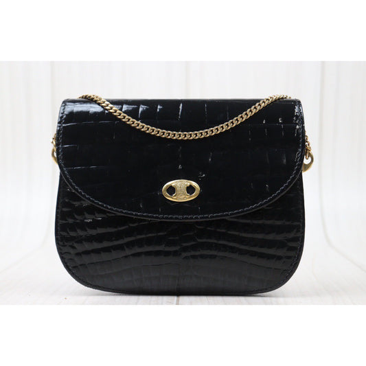 Rank A| CELINE Crocodile Skin Shoulder Bag Black|S24061721