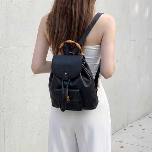 Include Entrupy Certificate of Authenticity|Good ( Rank AB)| GUCCI Bamboo Calf Leather Black Backpack|26092204