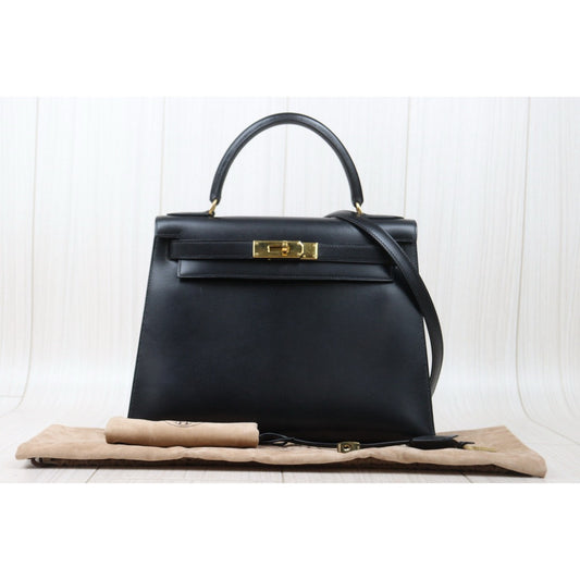 Good ( Rank AB)| HERMES Kelly 28 Sellier Box Leather Black Gold Hardware ○Z Stamp Made in 1996 Year|P25012211