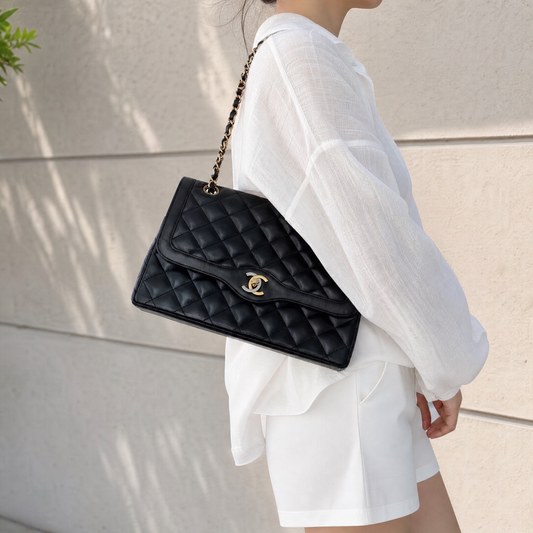 Include Entrupy Certificate of Authenticity|Good ( Rank AB)|CHANEL Paris Limited Edition Lambskin Black Double Flap Shoulder Bag Made In 1991~1994Year|S26080615