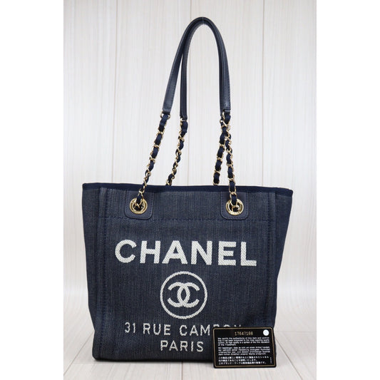 Rank A | CHANEL Canvas Tote Bag Navy Small|24012520