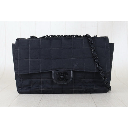 Include Entrupy Certificate of Authenticity|Good ( Rank AB)|CHANEL Chocolate Bar Canvas So Black Flap Made In 2002-2003 Year|S26090745