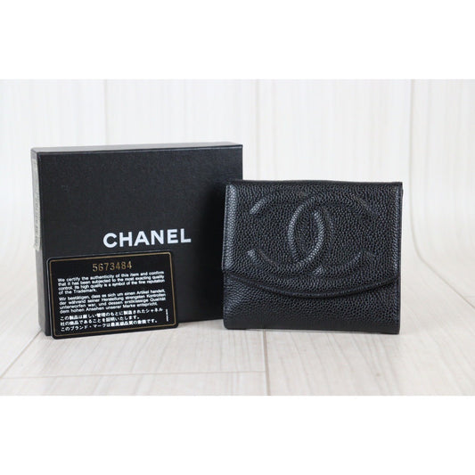 Rank A| CHANEL Caviar Skin Black Wallet |V23092127