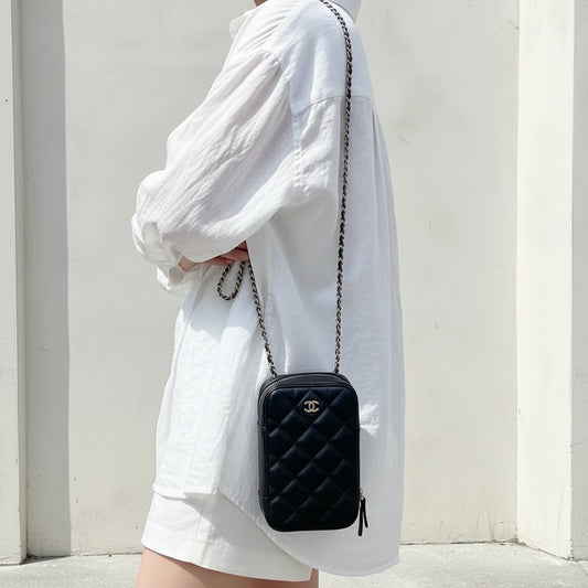 Include Entrupy Certificate of Authenticity|Very Good ( Rank A)|Full Set CHANEL Caviar Skin Matrasse Chain Phone Holder Black Made In 2020Year|H26060101