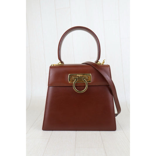 Good ( Rank AB)|Ferragamo Gancini 2WAY Handbag Shoulderbag Golden Brown|H25090812