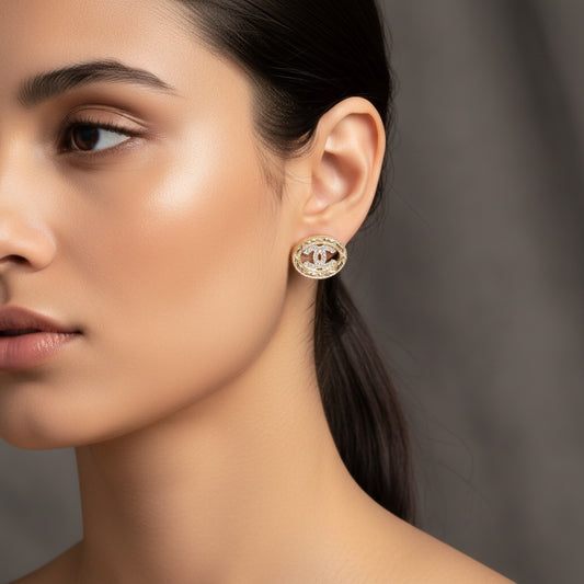 Include Authentic Detective Certificate of Authenticity|Excellent(Rank SA)| CHANEL B23K Coco Mark Rhinestone Golden Relief Oval Earrings Made In 2023Year|S26031018