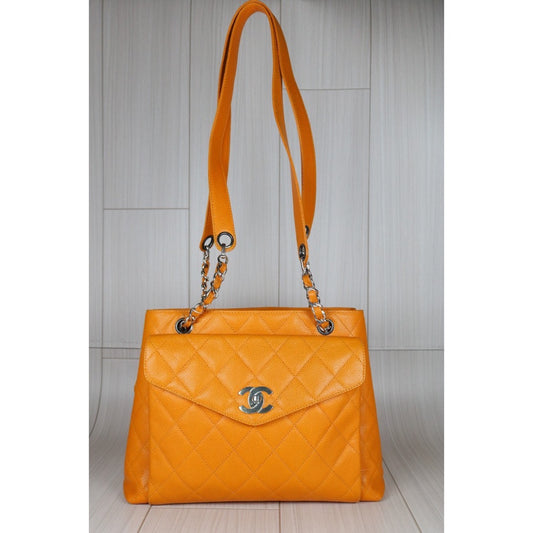 Good ( Rank AB)|CHANEL Caviar Skin Shoulder Bag Orange Made in 1996-1997 Year|S24060605
