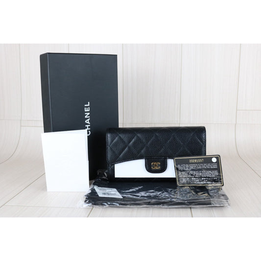 Excellent(Rank SA)|Full Set CHANEL Caviar Skin Black Long Wallet Made In 2014- 2015Year|X25092701