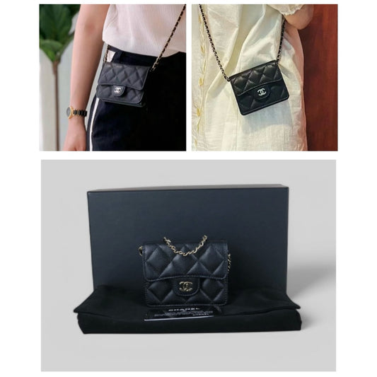 Excellent(Rank SA)| CHANEL Matelasse Caviar Skin Chain Mini WOC Black Made in 2021-2022 Year |S25030701