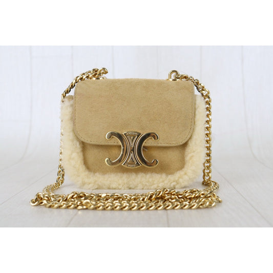 Include Entrupy Certificate of Authenticity|Good ( Rank A) |CELINE Suede Shearling Triomphe Mini Chain Claude Shoulder Bag |S26083015