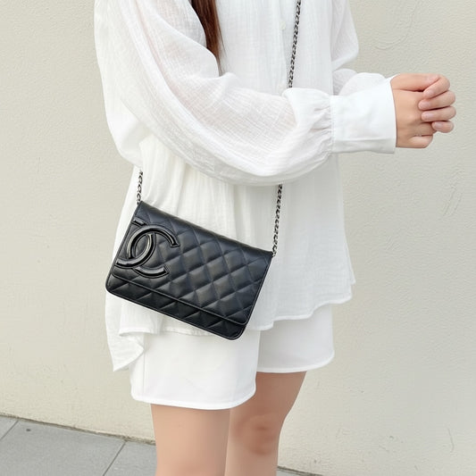 Include Entrupy Certificate of Authenticity|Very Good ( Rank A)| CHANEL Cambon Line Calf Leather Matrasse Chain WOC Black Made In 2014Year|S26060112