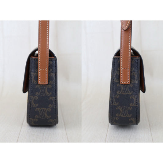 Include Entrupy Certificate of Authenticity|Very Good ( Rank A)| CELINE Macadam Triomphe Shoulder Bag Golden Hardware|S26012711