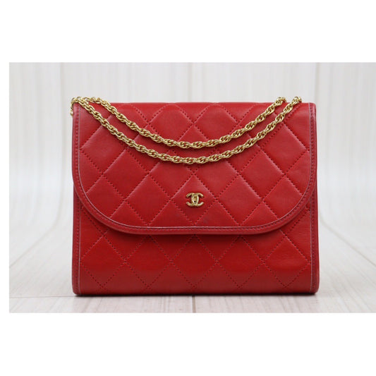 Rank A| CHANEL Mini Coco Mark Matrasse Lambskin Chain Shoulder Bag Red|V24040302