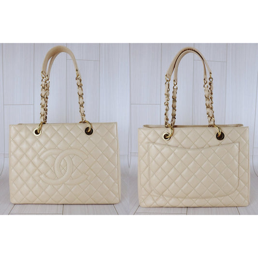 Include Entrupy Certificate of Authenticity|Very Good ( Rank A) | CHANEL Caviar Skin Matrasse Chain GST Tote Bag Beige Made In 2010-2011Year|S25122306