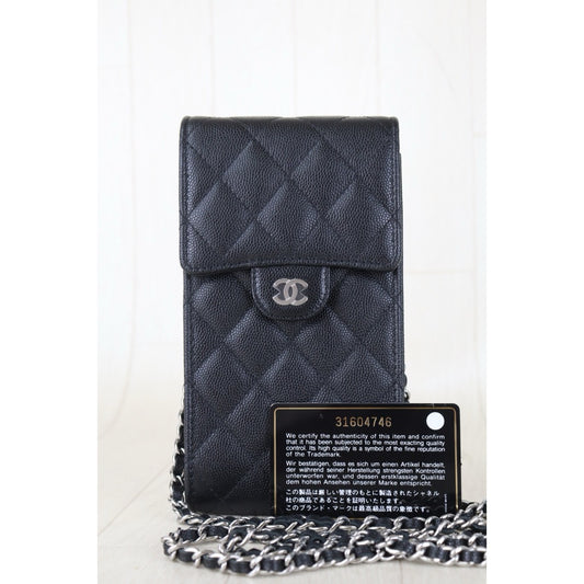 Include Entrupy Certificate of Authenticity|Very Good(Rank A)|CHANEL Caviar Skin Flap Phone Holder Chain Shoulder Bag Black Made In 2021-2022 Year |S26090742
