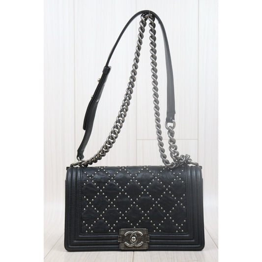 Very Good ( Rank A)|CHANEL Calf Leather Rivet LeBoy Chain Shoulder Bag Medium Black Made In 2015-2016Year|Y25072906