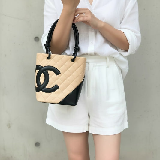 Include Entrupy Certificate of Authenticity|Good ( Rank AB)| CHANEL Cambon Line Calf Leather Mini Tote Bag Beige Made In 2004-2005Year|Y26051522