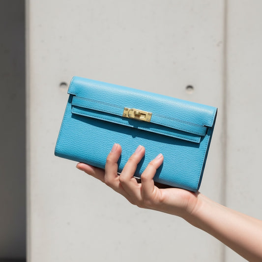 Include Entrupy Certificate of Authenticity|Very Good ( Rank A)| HERMES Goatskin Kelly Long Wallet Blue Paon □R Stamp Made In 2014Year|X26042002