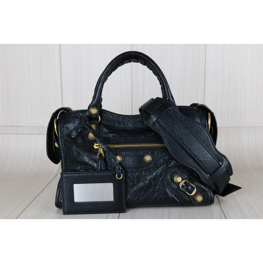 Good ( Rank AB)|Balenciaga Goatskin edge Mini Classic City Black HandBag Shoulder Bag |S26012701