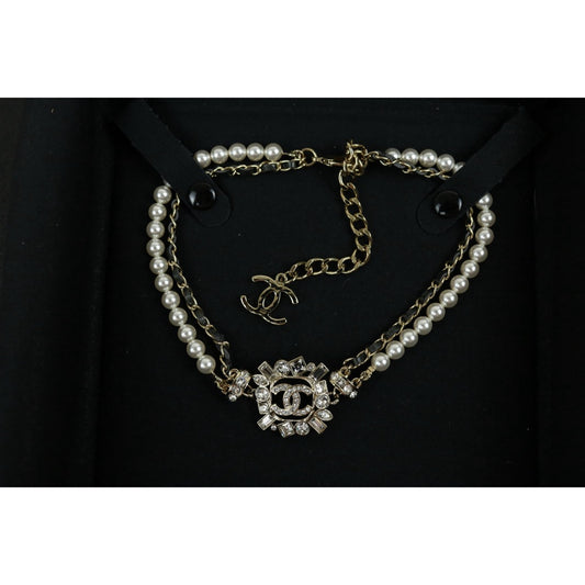 Excellent(Rank SA)| CHANEL Coco Mark Chain Pearl Rhinestone Chocker Necklace|X24121802