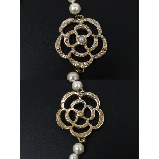 Include Authentic Detective Certificate of Authenticity|Very Good ( Rank A)| CHANEL Coco Mark Camellia Pearl Rhinestone Necklace|S25110439