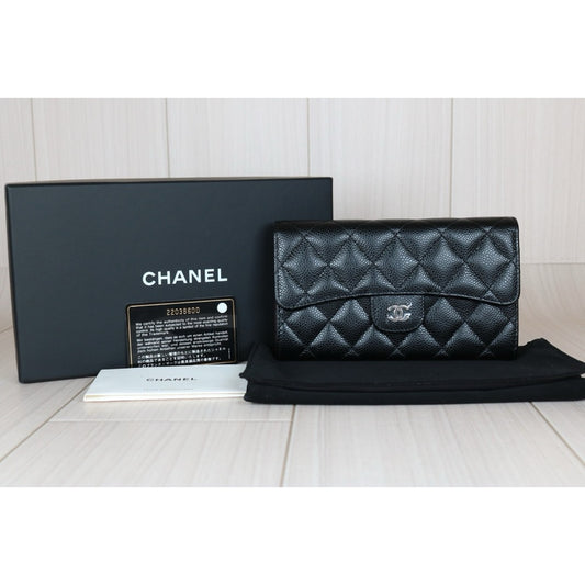Excellent(Rank SA)|CHANEL Caviar Skin Black Long Wallet|S24090301