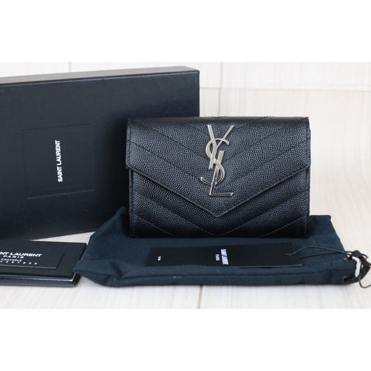 Include Entrupy Certificate of Authenticity|Excellent(Rank SA)| Saint Laurent YSL Caviar Skin Calf Leather Card Black|S26042507
