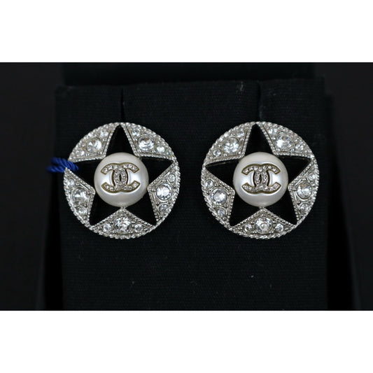 Excellent(Rank SA)| CHANEL Coco Mark Rhinestone star Hollow Earrings Silver|X25012304