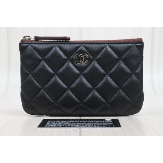 Very Good ( Rank A)| CHANEL Coco Mark Lambskin Classic Small Pouch Black Made In 2014-2015Year|25091209