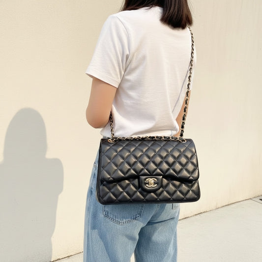 Include Entrupy Certificate of Authenticity|Good ( Rank AB)| CHANEL Matrasse Chain Lamb Skin Jumbo Black Made In 2015-2016 Year|S26041401