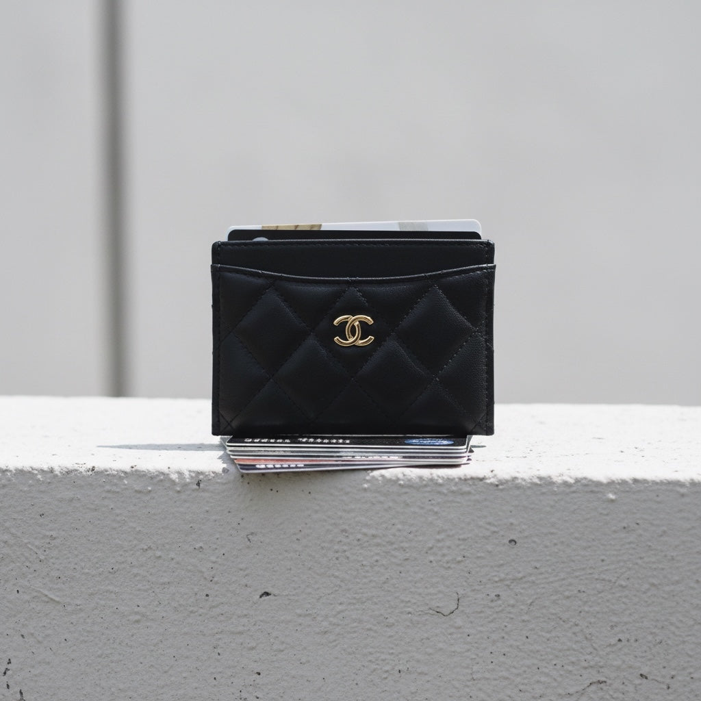 Include Entrupy Certificate of Authenticity|Very Good ( Rank A)|Chanel Lamb Skin Black Card Holder Made In 2021-2022Year |S26052511