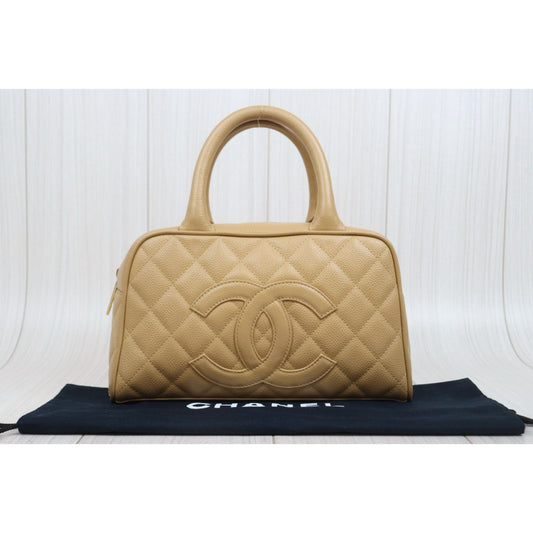 Good ( Rank AB)| CHANEL Caviar Skin Calf Leather Bowling Hand Bag Beige Made In 2004~2005Year|A25120609