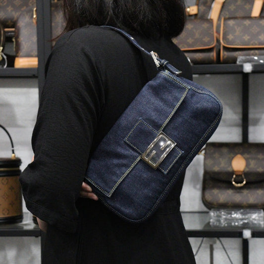 Rank A| FENDI Blue Denim Mamma Baguette Shoulder Bag |V23122129